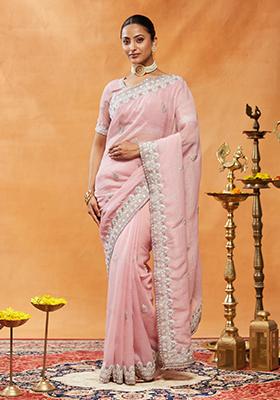 Pink Embellished Silk Saree Set