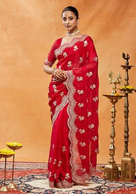 Red Embroidered Chiffon Saree Set