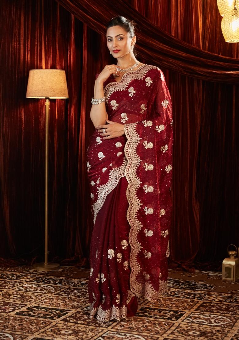 Maroon Embroidered Chiffon Saree Set