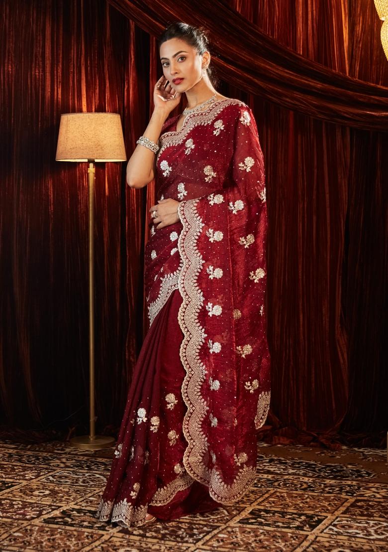 Maroon Embroidered Chiffon Saree Set