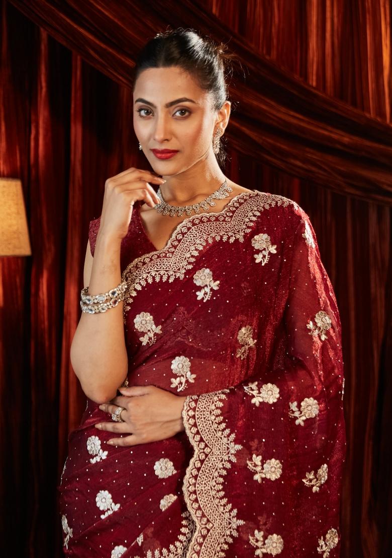 Maroon Embroidered Chiffon Saree Set
