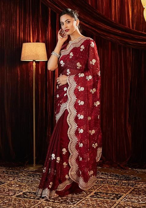 Maroon Embroidered Chiffon Saree Set