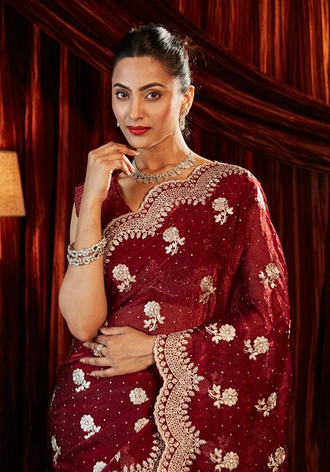 Maroon Embroidered Chiffon Saree Set
