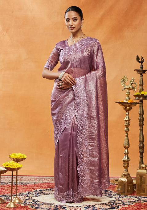 Purple Embroidered Organza Saree Set