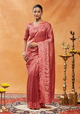 Pink Embroidered Organza Saree Set