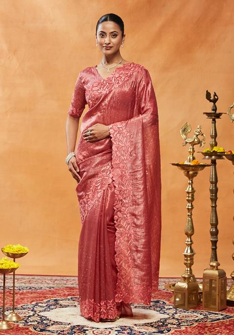 Pink Embroidered Organza Saree Set