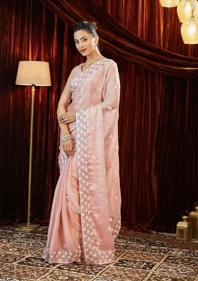 Peach Embroidered Chiffon Saree Set - Indya