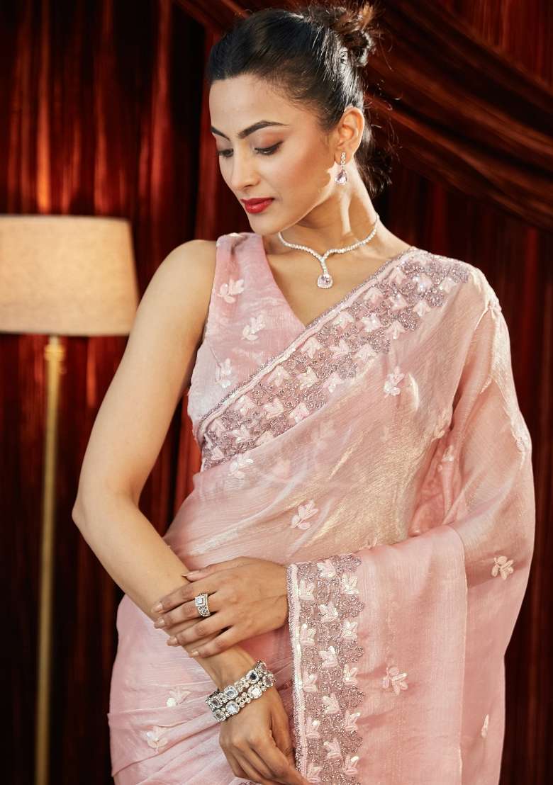 Peach Embroidered Chiffon Saree Set - Indya