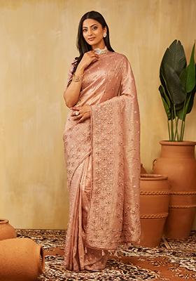 Peach Embroidered Organza Saree Set