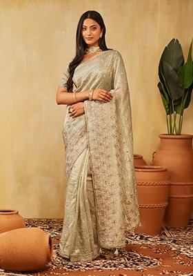 Olive Green Embroidered Organza Saree Set