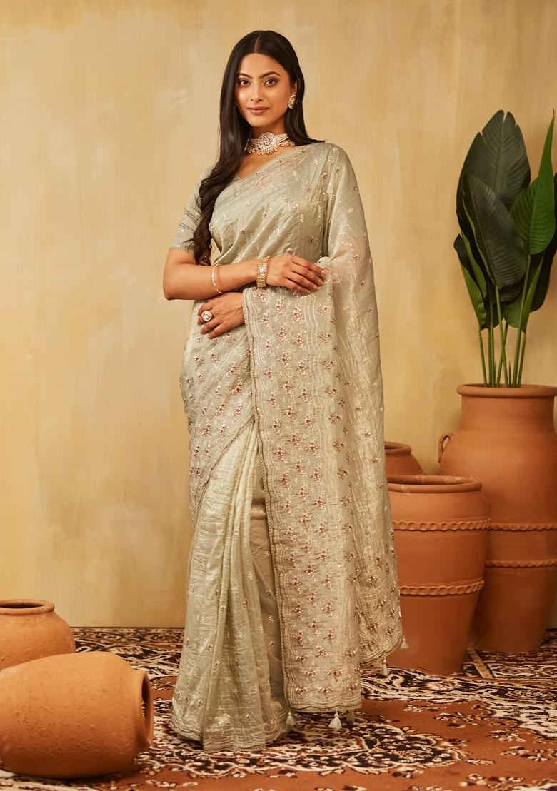Olive Green Embroidered Organza Saree Set
