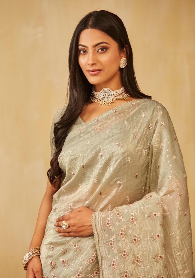 Olive Green Embroidered Organza Saree Set