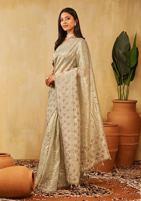 Olive Green Embroidered Organza Saree Set