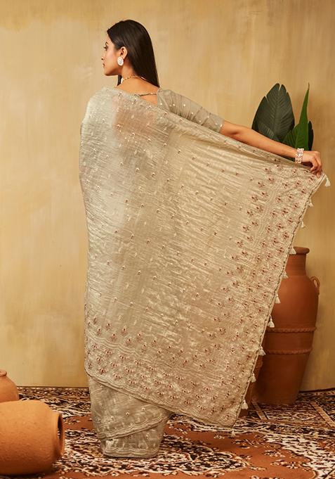 Olive Green Embroidered Organza Saree Set