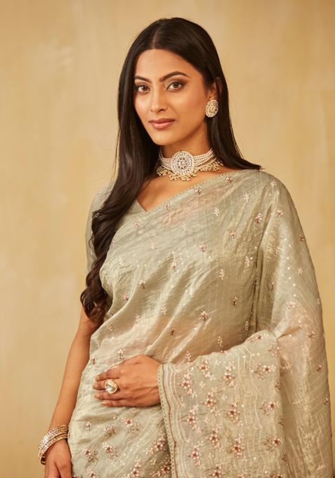 Olive Green Embroidered Organza Saree Set