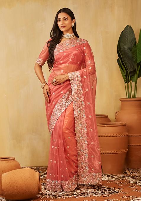 Pink Embroidered Net Saree Set