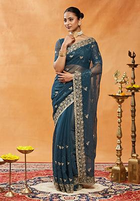 Turquoise Blue Embroidered Chiffon Saree Set