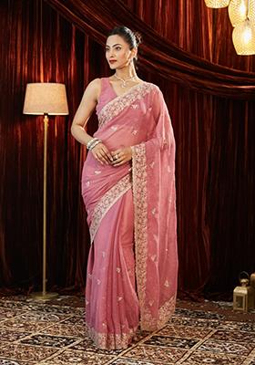 Pink Embellished Chiffon Saree Set