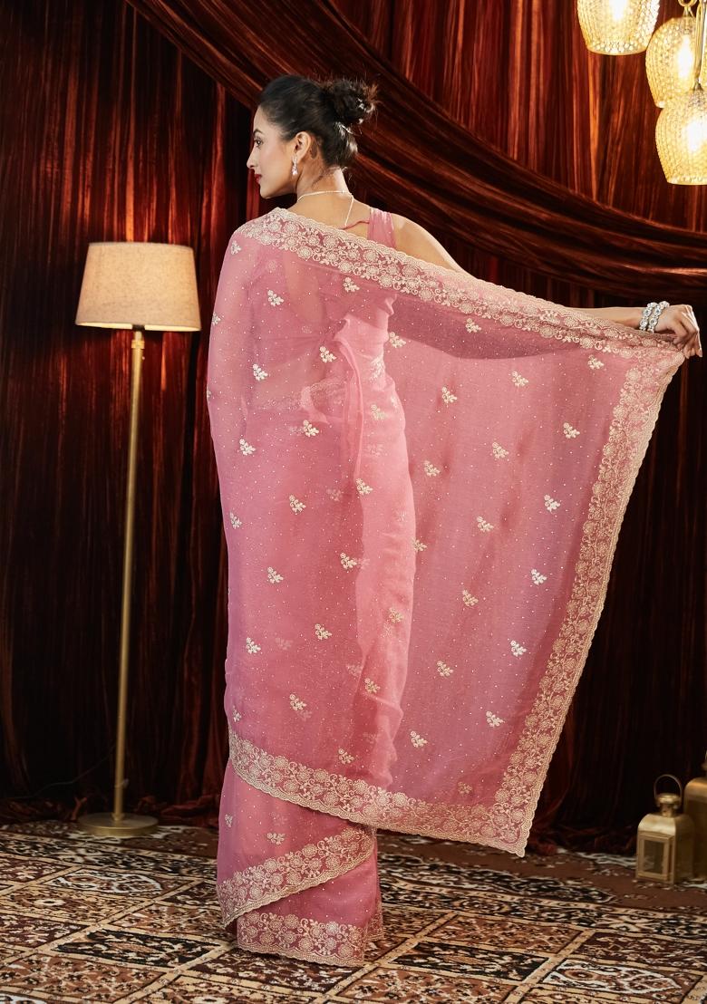 Pink Embellished Chiffon Saree Set