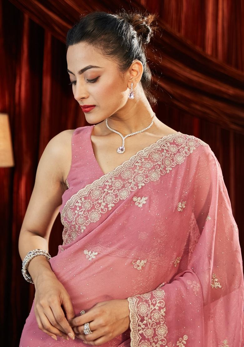 Pink Embellished Chiffon Saree Set