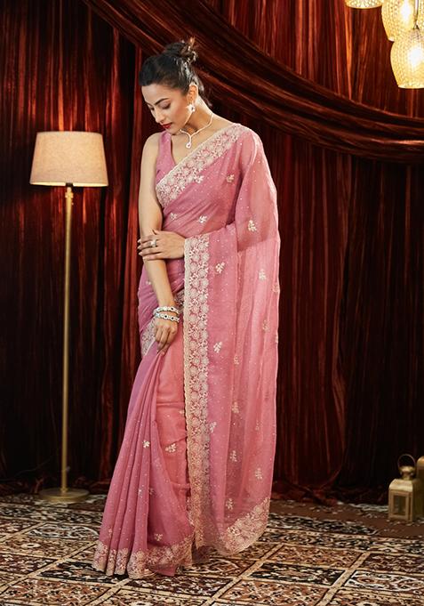 Pink Embellished Chiffon Saree Set