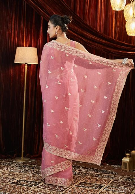 Pink Embellished Chiffon Saree Set