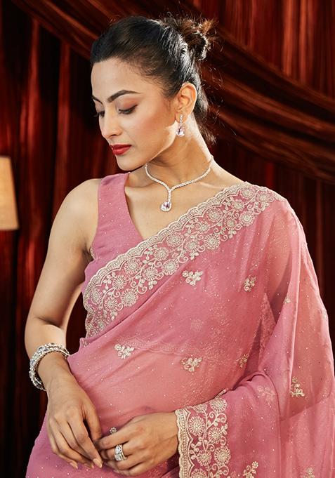 Pink Embellished Chiffon Saree Set