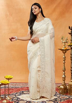 Cream Embroidered Chiffon Saree Set