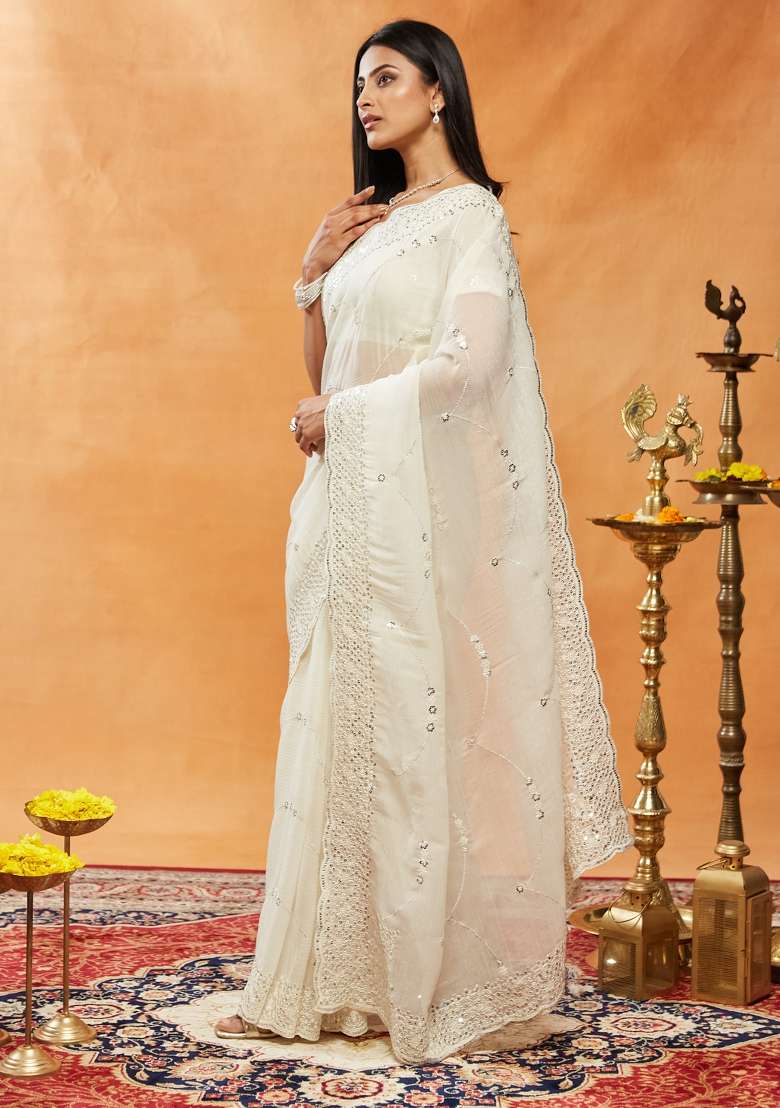 Cream Embroidered Chiffon Saree Set - Indya