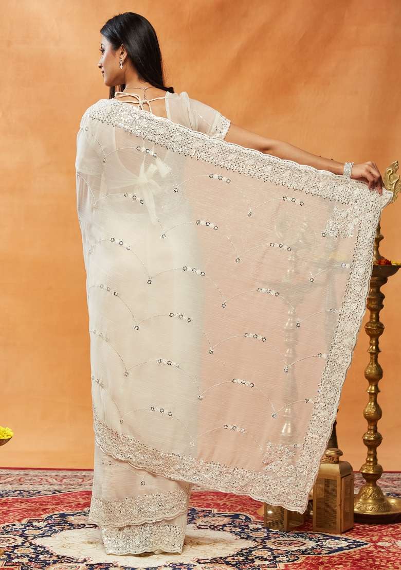 Cream Embroidered Chiffon Saree Set - Indya