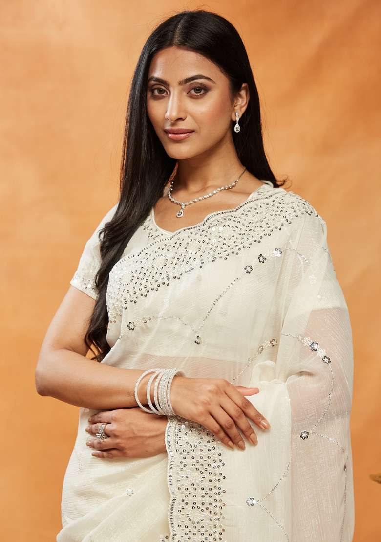 Cream Embroidered Chiffon Saree Set - Indya