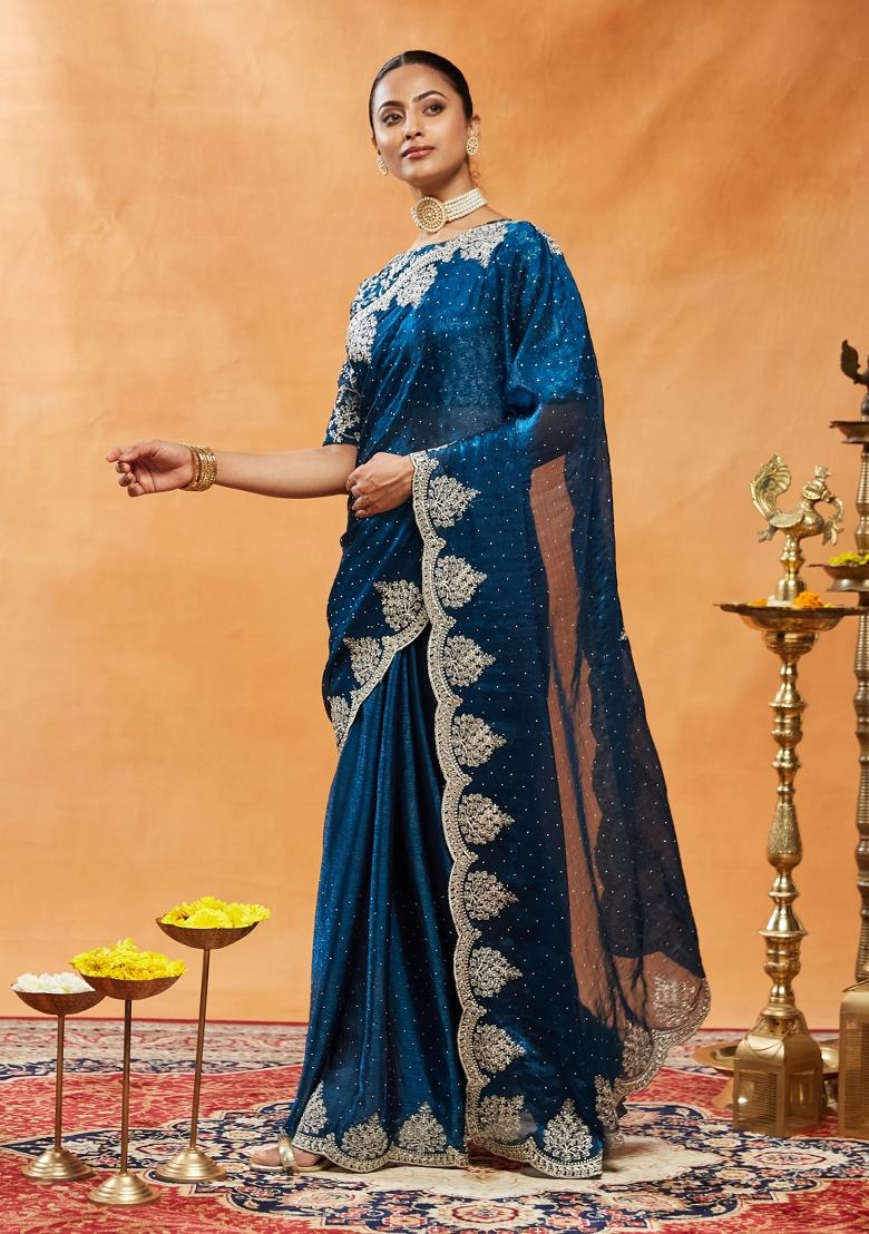 Turquoise Blue Embroidered Silk Saree Set