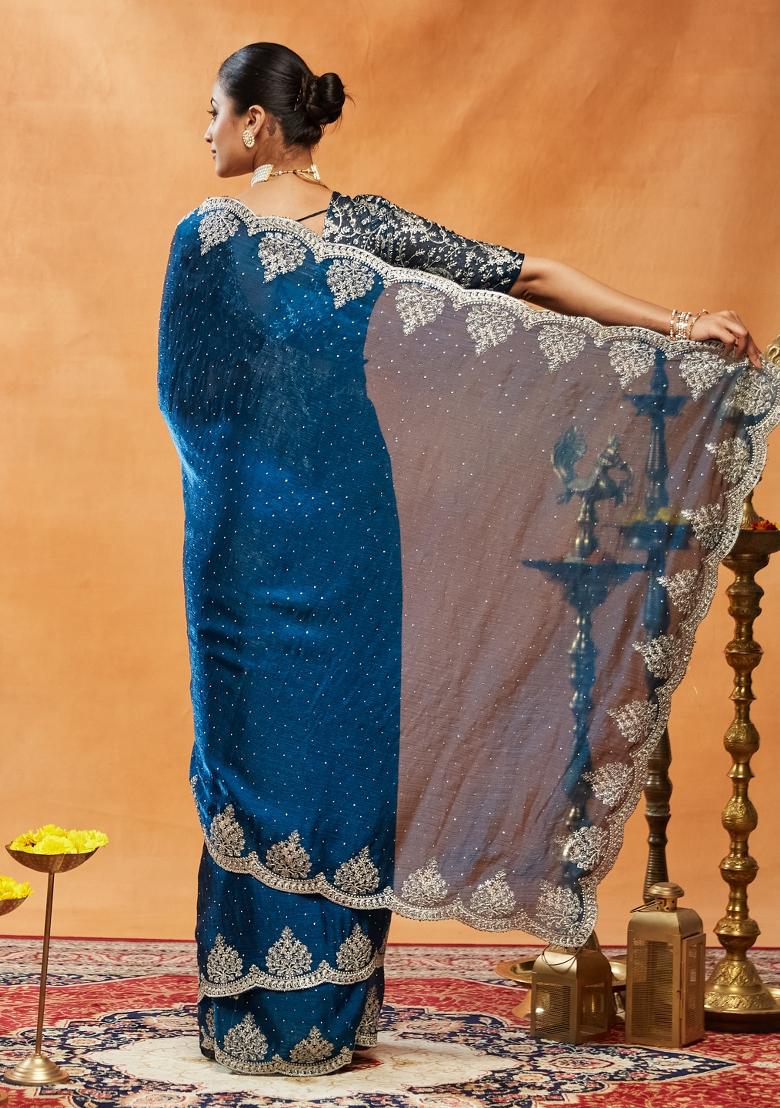 Turquoise Blue Embroidered Silk Saree Set