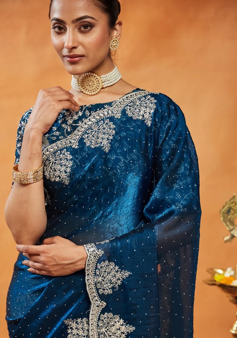 Turquoise Blue Embroidered Silk Saree Set