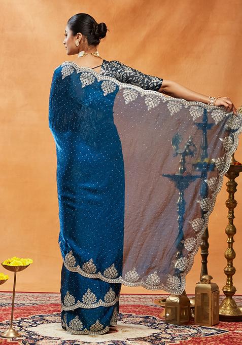 Turquoise Blue Embroidered Silk Saree Set