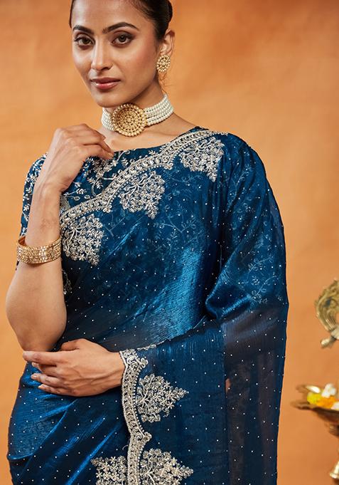 Turquoise Blue Embroidered Silk Saree Set