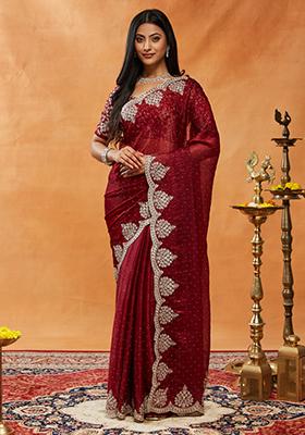 Maroon Embroidered Silk Saree Set