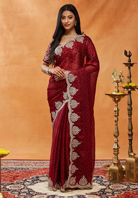 Maroon Embroidered Silk Saree Set