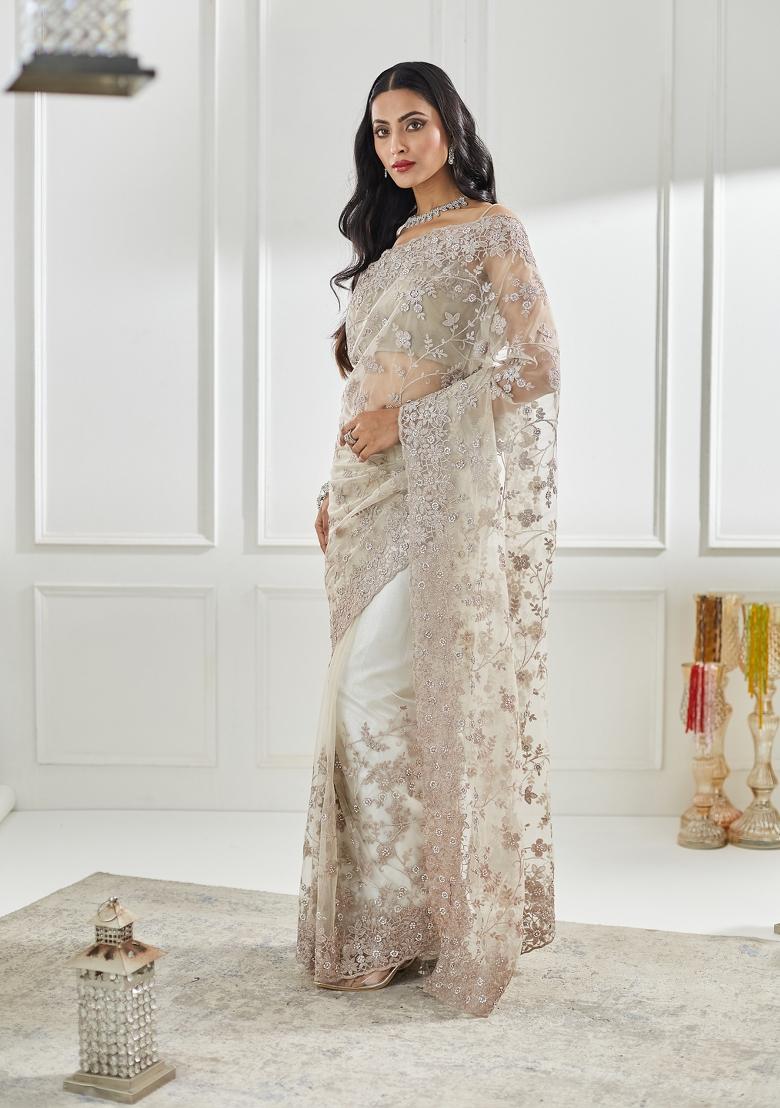 Golden Embellished Net Saree Set - Indya