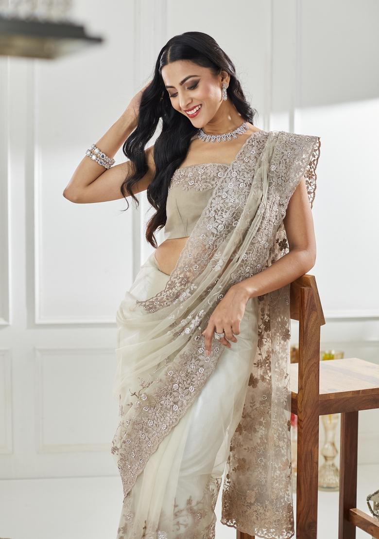 Golden Embellished Net Saree Set - Indya