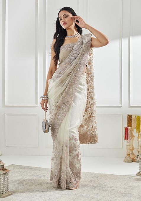 Golden Embellished Net Saree Set