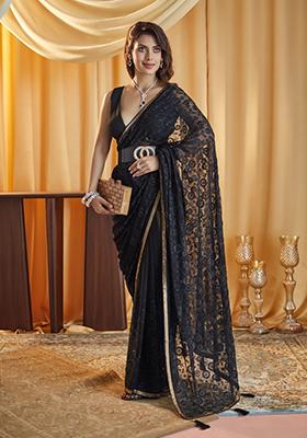 Black Embellished Chiffon Saree Set