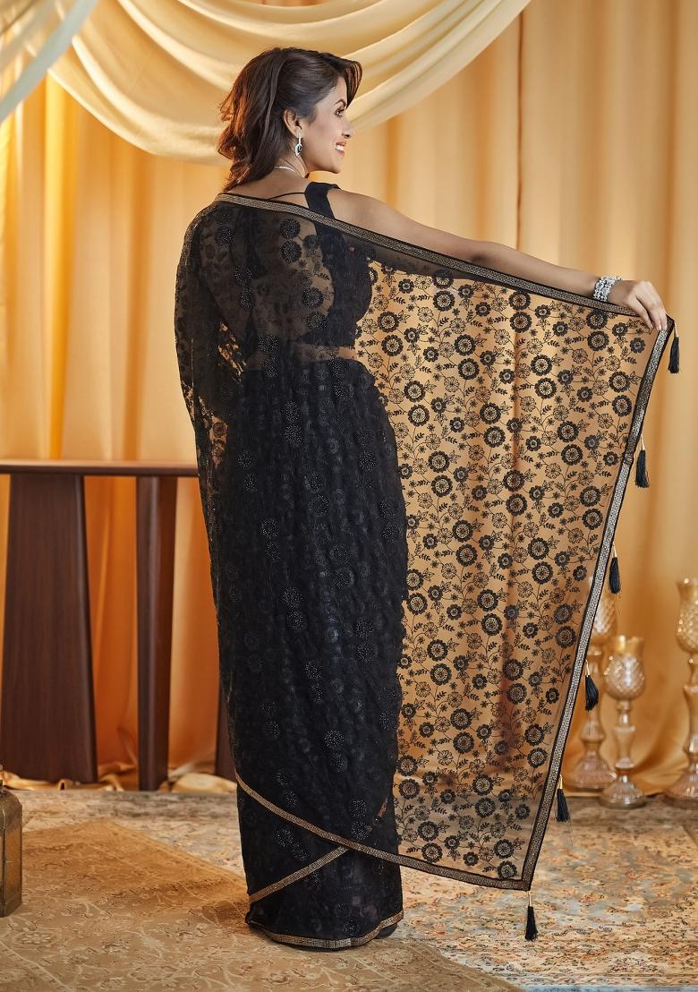 Black Embellished Chiffon Saree Set