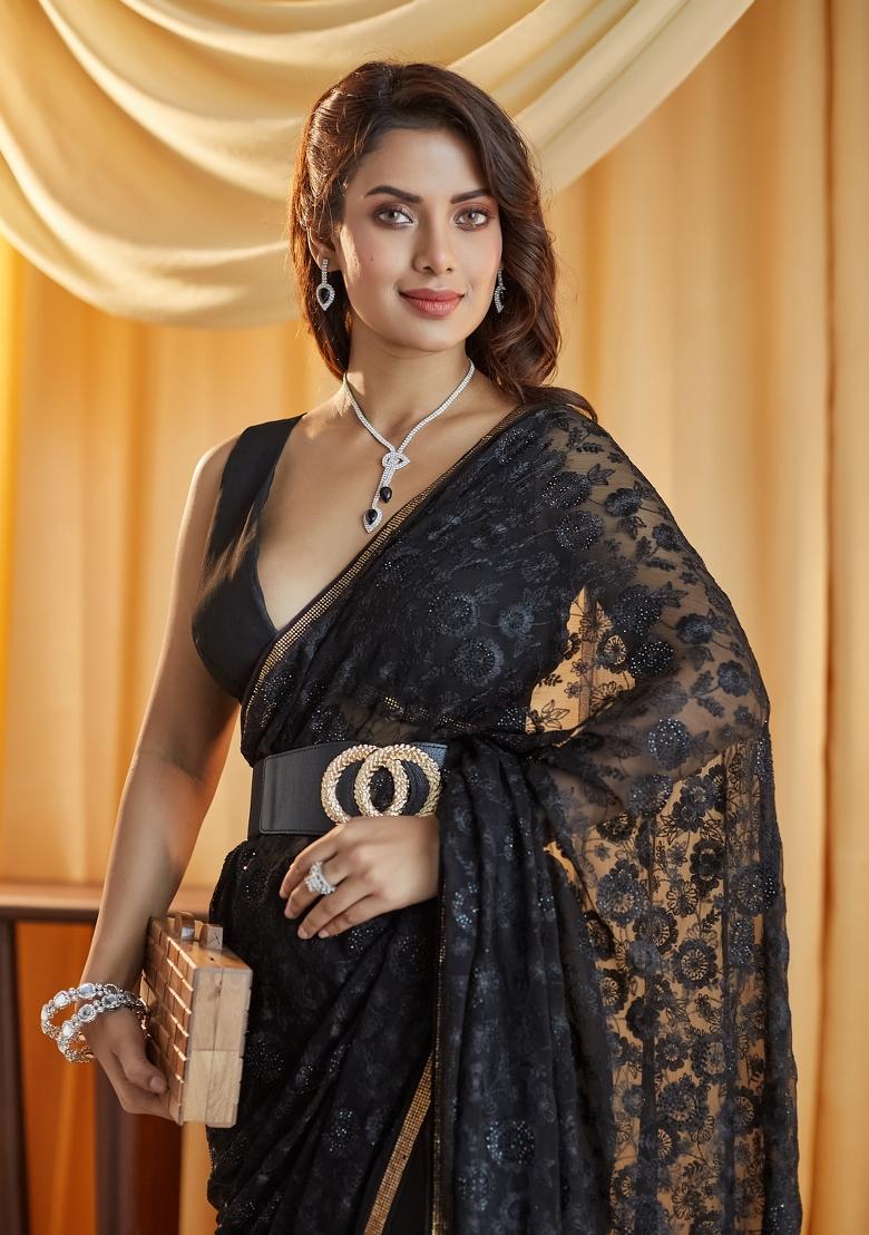 Black Embellished Chiffon Saree Set - Indya