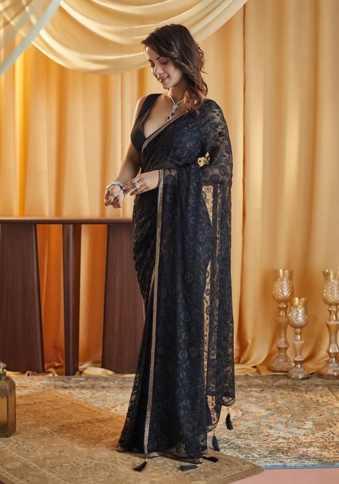Black Embellished Chiffon Saree Set