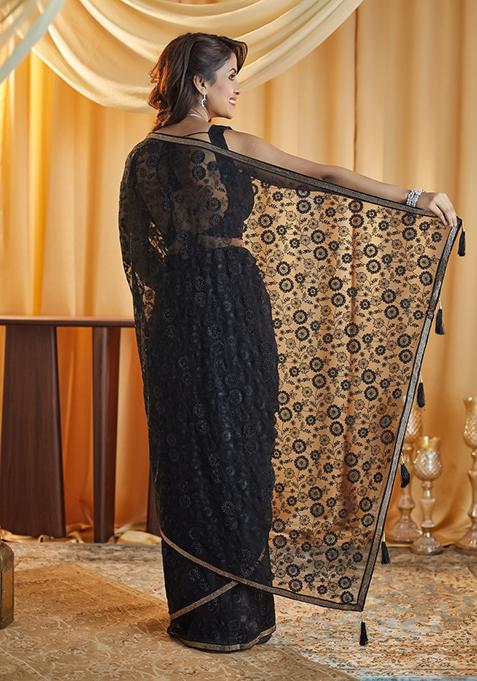 Black Embellished Chiffon Saree Set