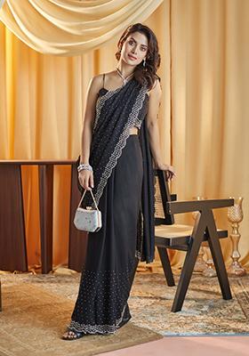 Black Beads And Stone Silk Saree Set