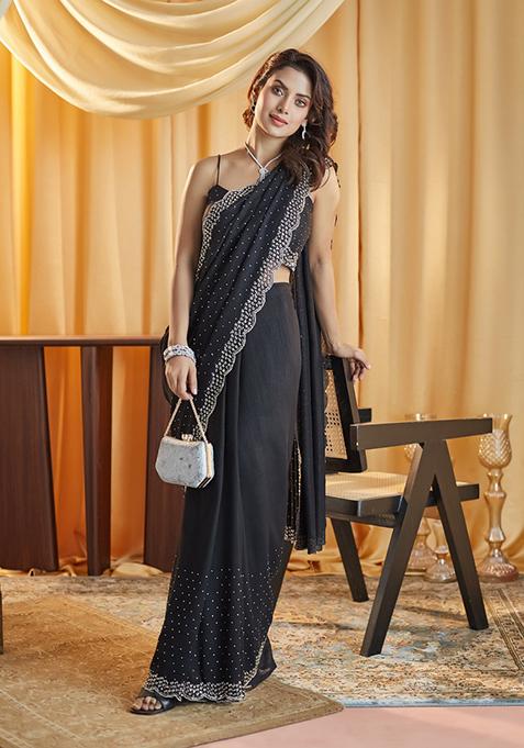 Black Beads And Stone Silk Saree Set