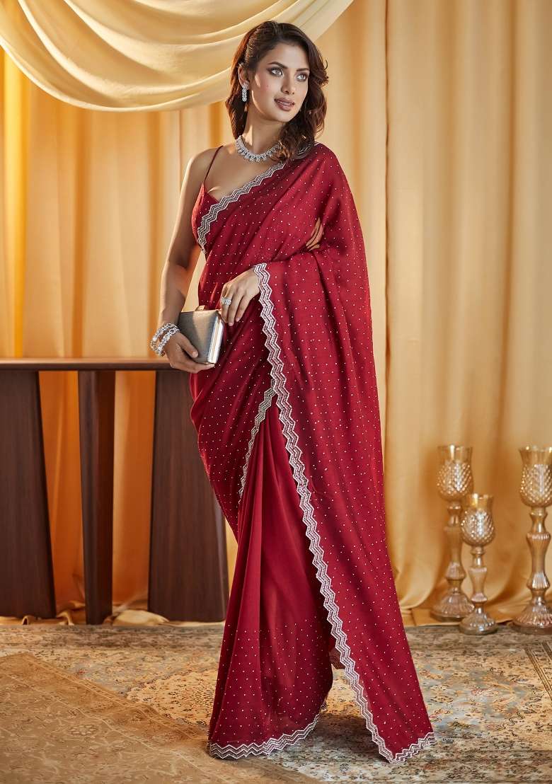 Maroon Embellished Silk Saree Set - Indya