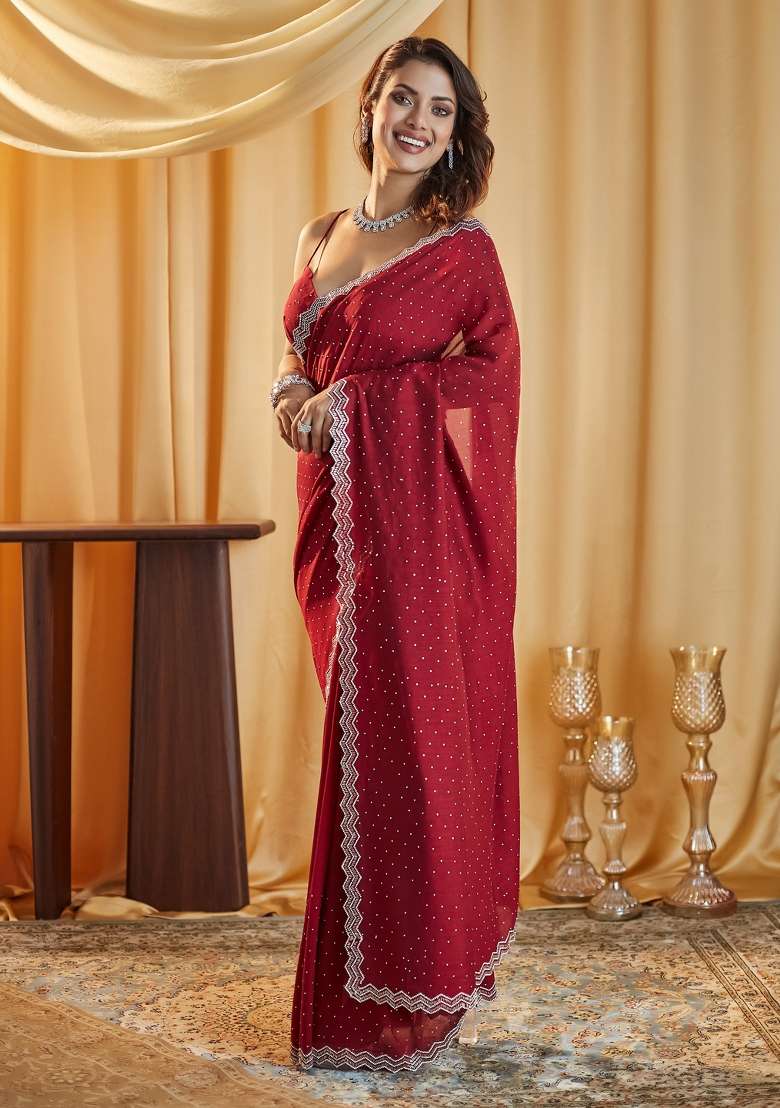 Maroon Embellished Silk Saree Set - Indya